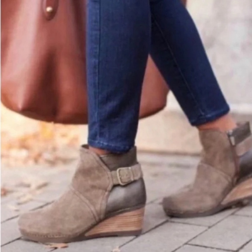 Dansko Shirley Wedge Ankle Bootie In Taupe Nubuck Leather - Picture 2 of 11